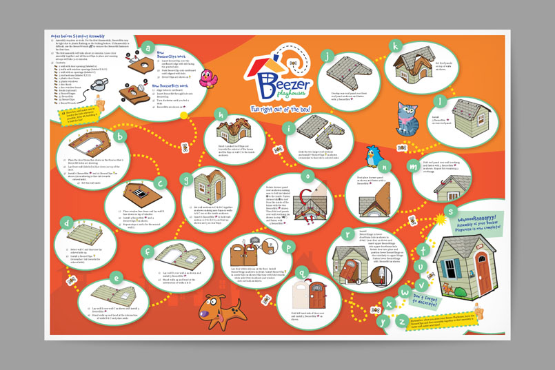 Beezer Playhouses assembly poster layout and illustration
